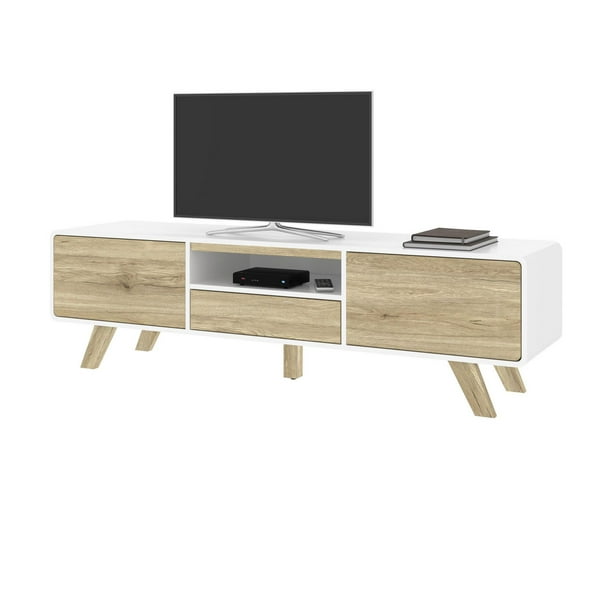 TV Stand, 63" wide Entertainment Unit, White and Brown Oak  - JL TV63W