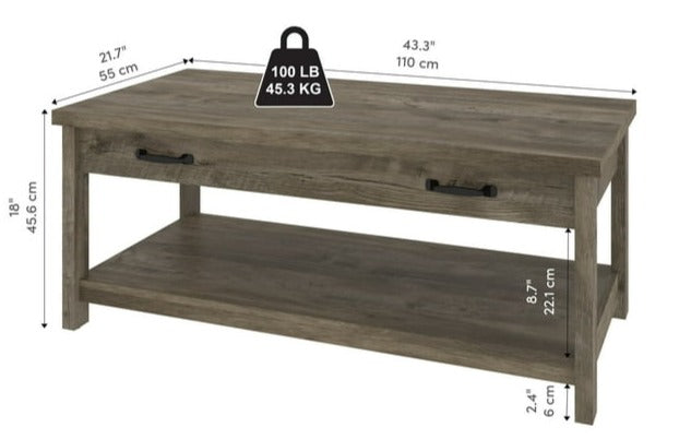 JL "WENDY" Coffee Table, 44" Wide, Brown Oak Wood Finish, Black Decorative Handles