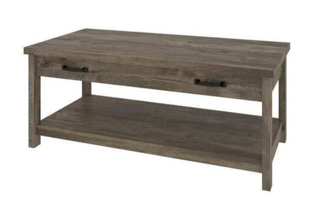 JL "WENDY" Coffee Table, 44" Wide, Brown Oak Wood Finish, Black Decorative Handles
