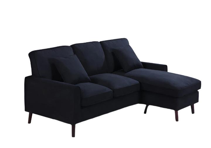 BOL "MONA" Black Sectional Sofa, 77" Wide, Velvet, Reversible Chaise