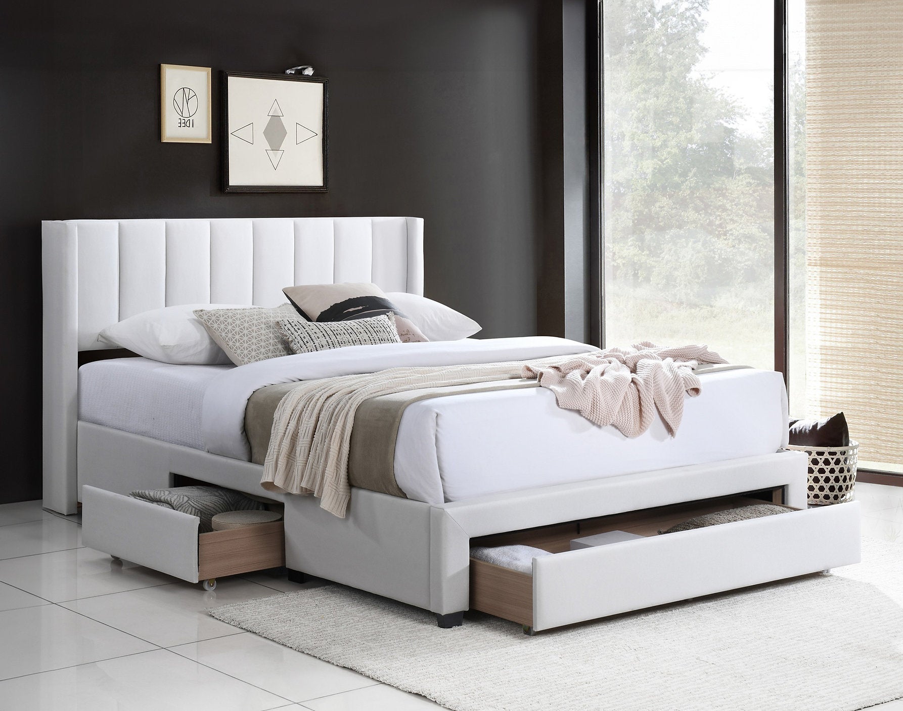 IF-5331 Bed, White, Soft Touch Creme Fabric, 3 Pull-Out Storage Drawers