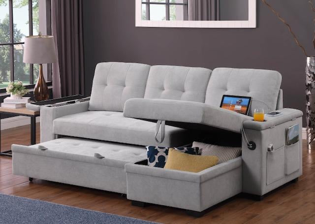 "CHASE" Sectional Sofa, Light Grey, 83" Wide, Pullout Bed, Storage Compartments in Armrests and Chaise, Reversible, USB Charging