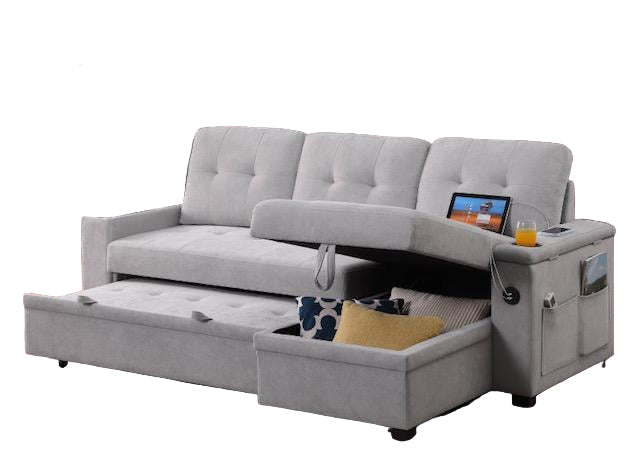 "CHASE" Sectional Sofa, Light Grey, 83" Wide, Pullout Bed, Storage Compartments in Armrests and Chaise, Reversible, USB Charging