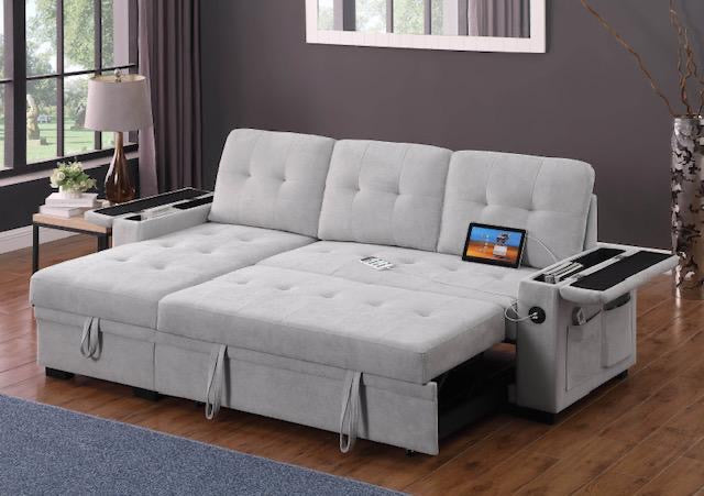 "CHASE" Sectional Sofa, Light Grey, 83" Wide, Pullout Bed, Storage Compartments in Armrests and Chaise, Reversible, USB Charging