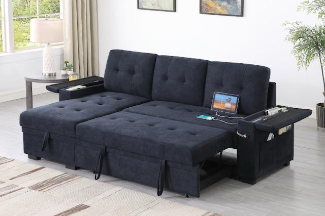 "CHASE" Sectional Sofa, Charcoal, 83" Wide, Pullout Bed, Storage Compartments in Armrests and Chaise, Reversible, USB Charging