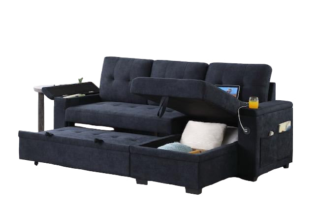"CHASE" Sectional Sofa, Charcoal, 83" Wide, Pullout Bed, Storage Compartments in Armrests and Chaise, Reversible, USB Charging