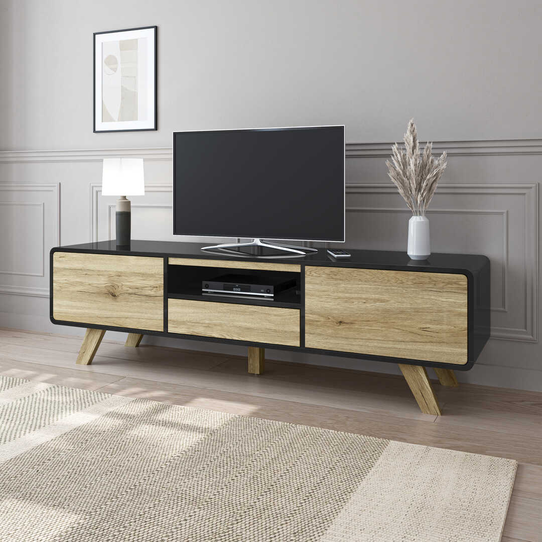 TV Stand, 63" wide Entertainment Unit, White and Brown Oak  - JL Brooklyn WTV