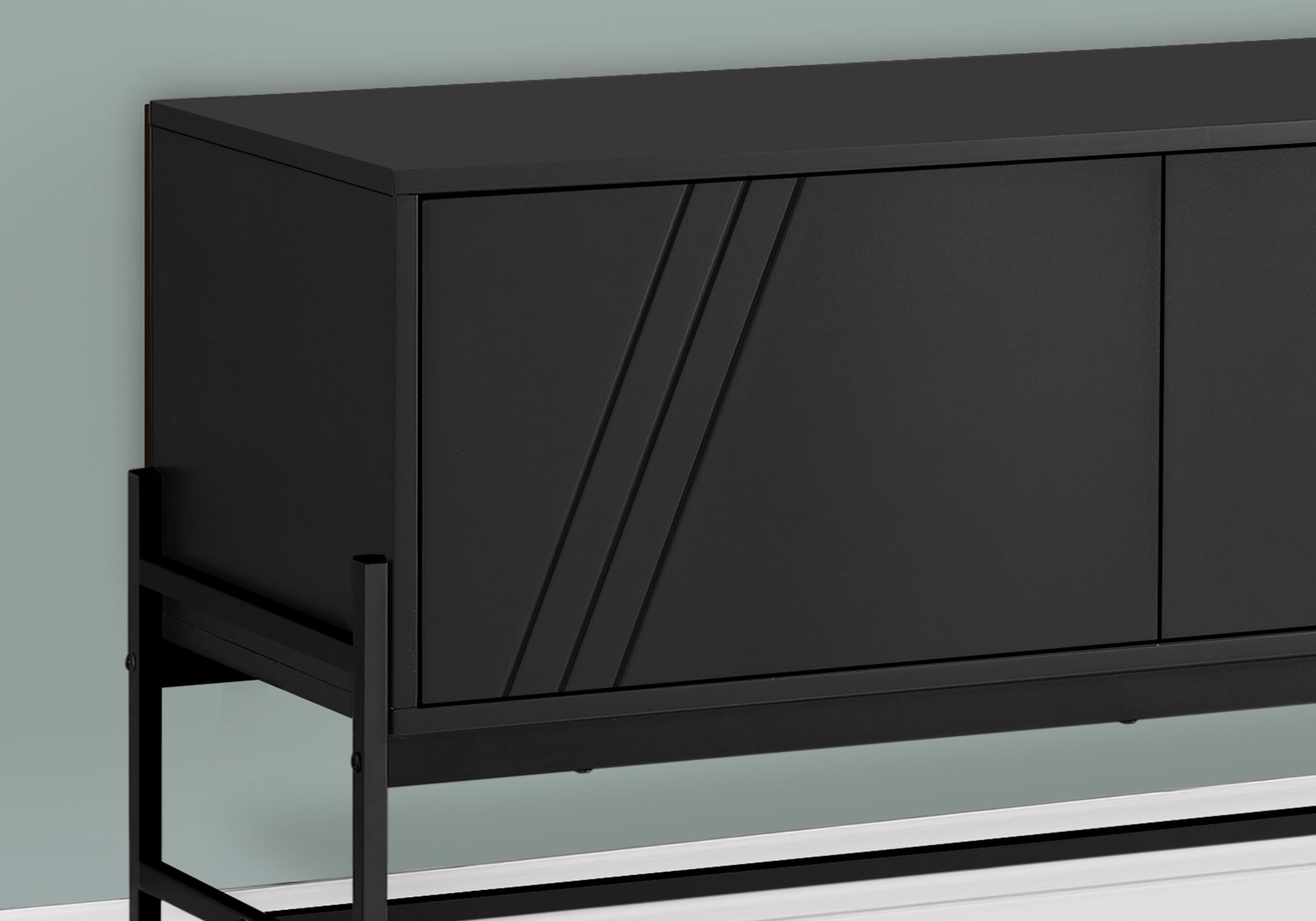MN-642734    Tv Stand, 60 Inch, Console, Media Entertainment Center, Storage Cabinet, Living Room, Bedroom, Black Laminate, Black Metal, Contemporary, Modern