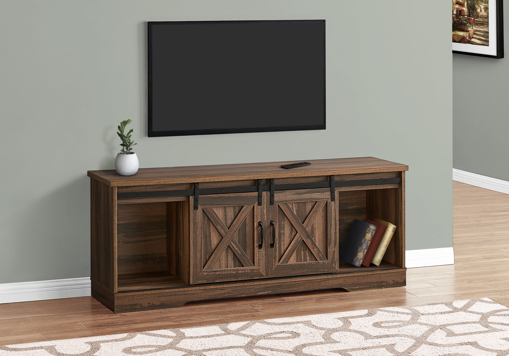 MN-222748    Tv Stand, 60 Inch, Console, Media Entertainment Center, Storage Cabinet, Living Room, Bedroom, Laminate, Metal, Brown Reclaimed Wood Look, Contemporary, Modern