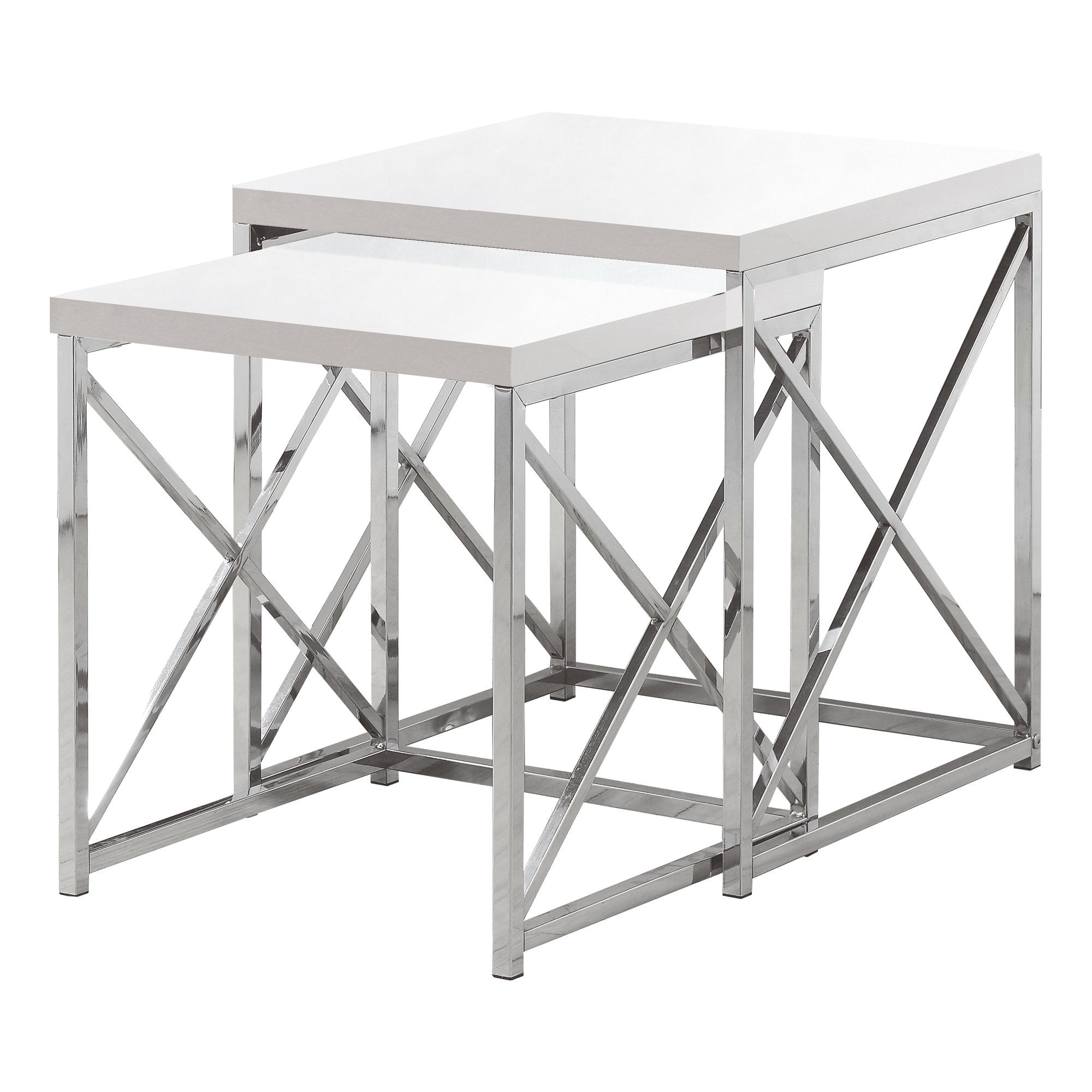 MN-823025    Nesting Table, Set Of 2, Side, End, Metal, Accent, Living Room, Bedroom, Metal Base, Laminate, Glossy White, Chrome, Contemporary, Modern