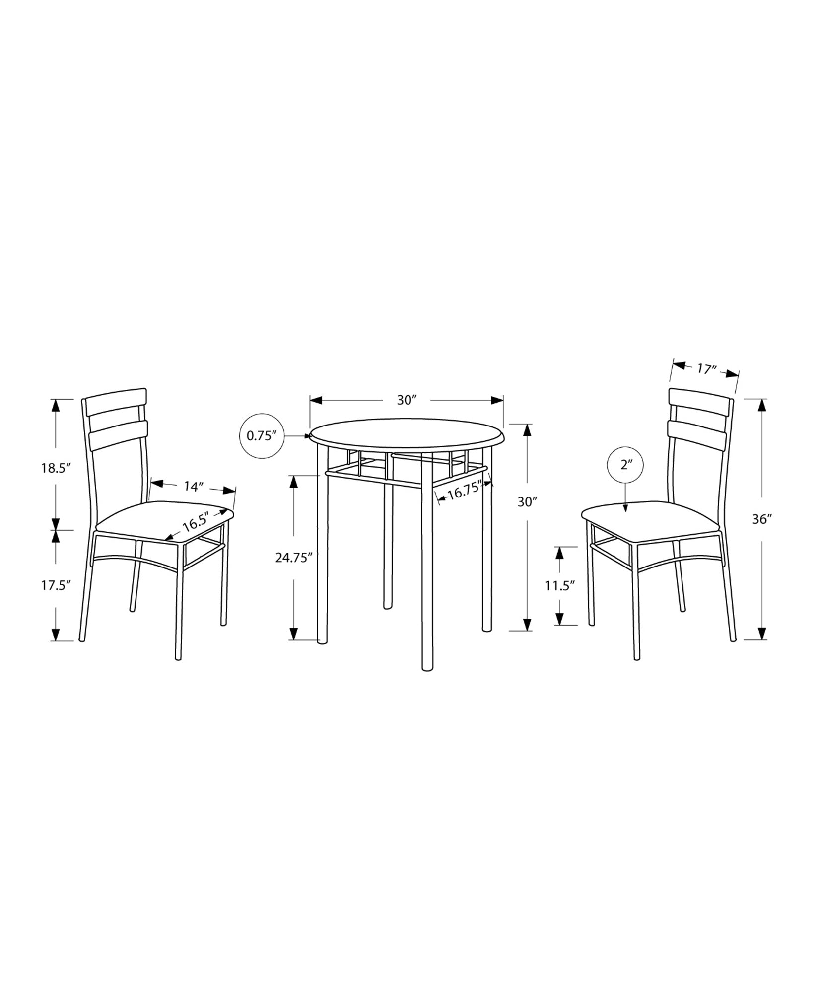 MN-233095    Dining Table Set, 3Pcs Set, Metal, Small, 30" Round, Kitchen, Metal, Laminate, Black, Silver, Contemporary, Modern