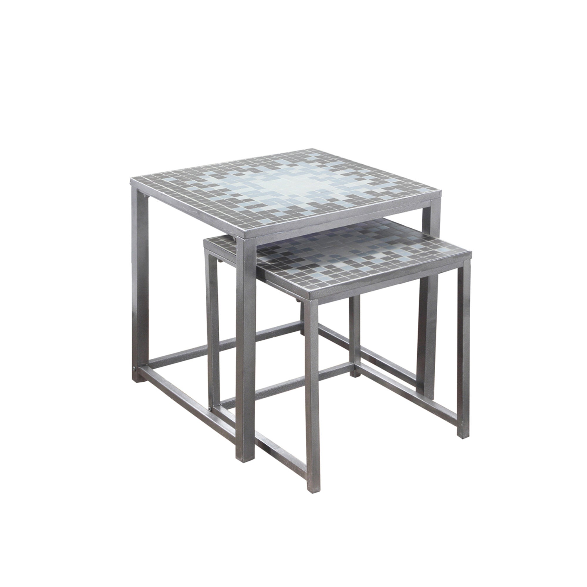 MN-453141    Nesting Table, Set Of 2, Side, End, Metal, Accent, Living Room, Bedroom, Metal Base, Tile, Blue, Silver, Transitional