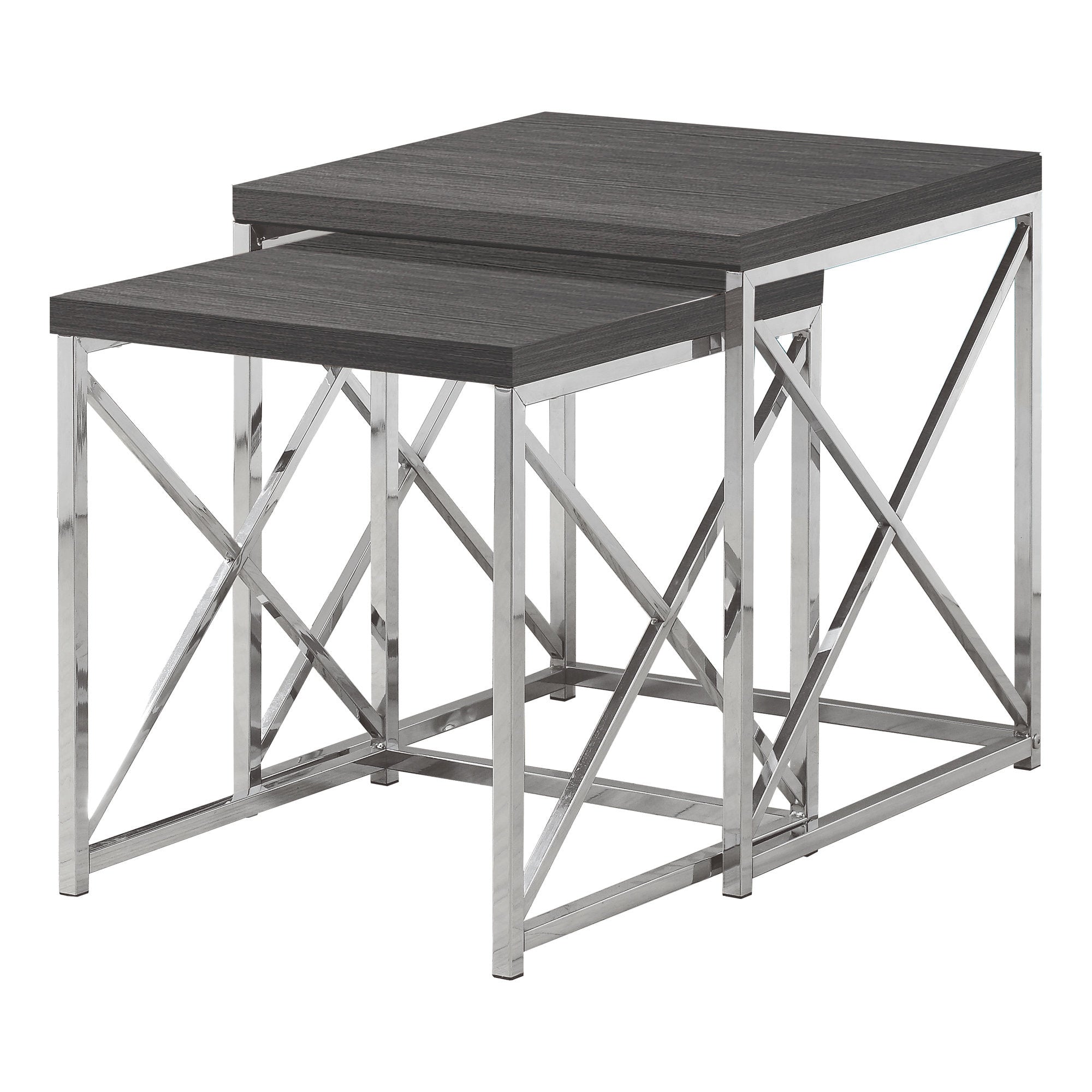 MN-753226    Nesting Table, Set Of 2, Side, End, Metal, Accent, Living Room, Bedroom, Metal Base, Laminate, Grey, Chrome, Contemporary, Modern