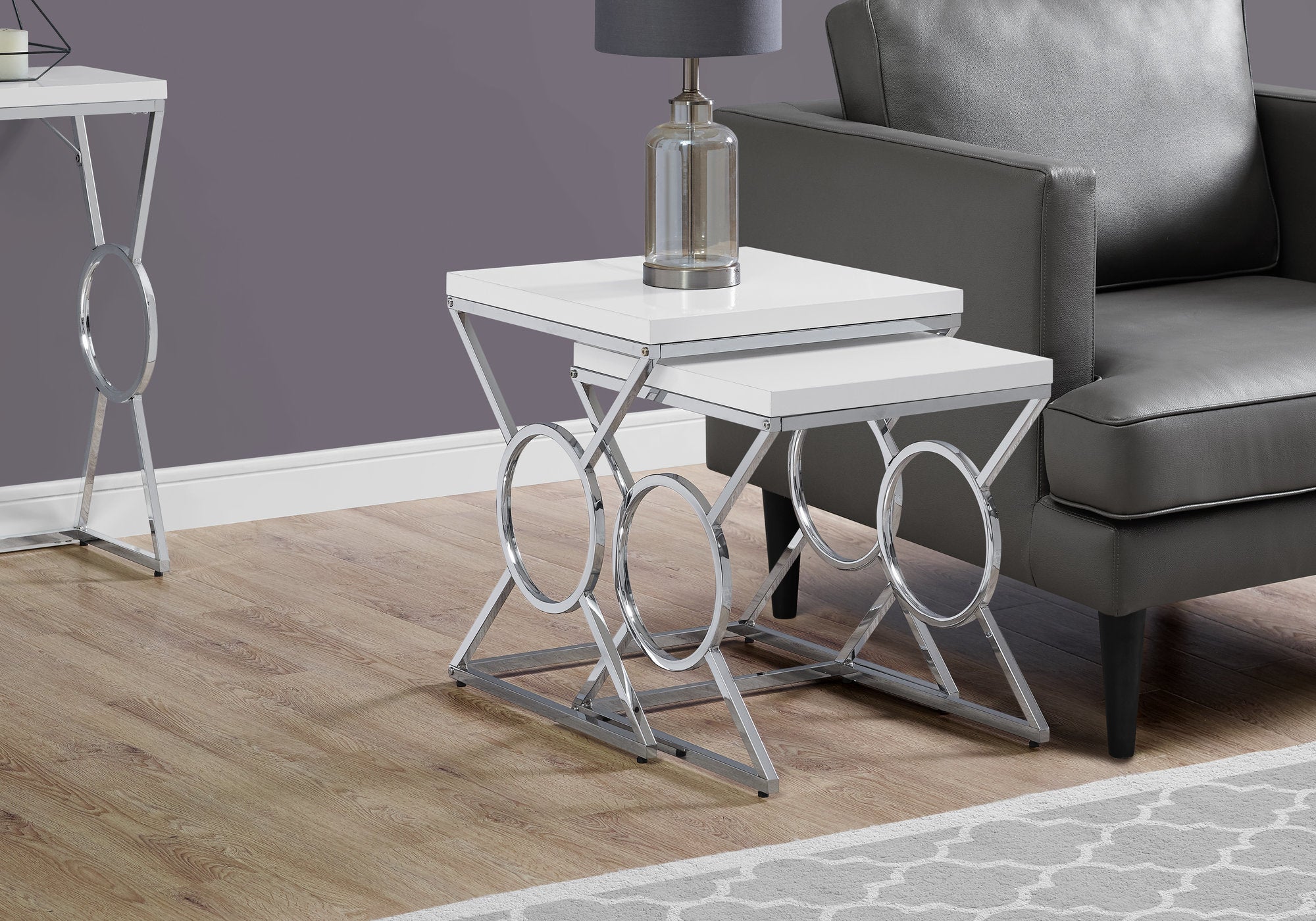 MN-443401    Nesting Table, Set Of 2, Side, End, Metal, Accent, Living Room, Bedroom, Metal Base, Laminate, Glossy White, Chrome, Contemporary, Modern