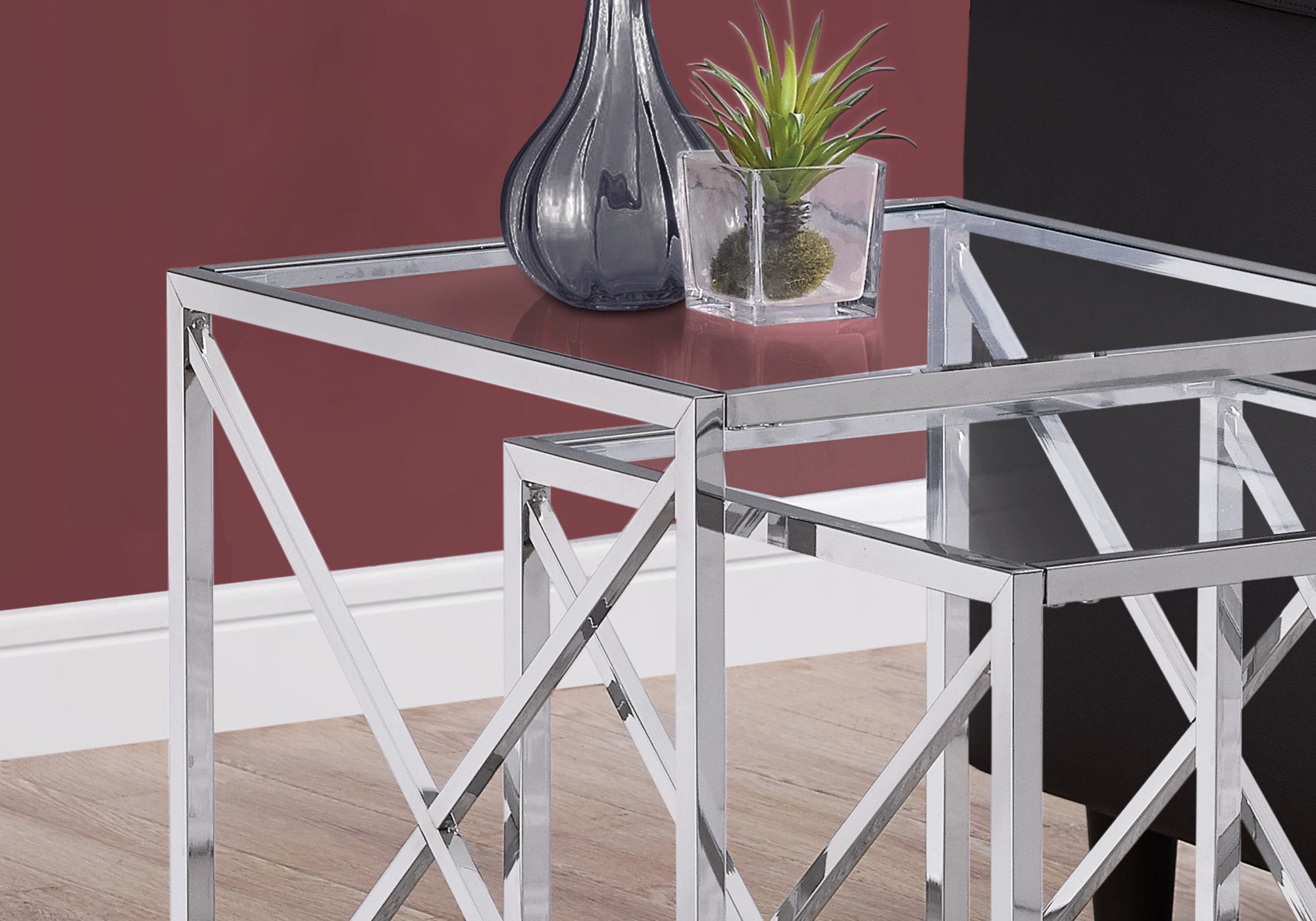 MN-633441    Nesting Table, Set Of 2, Side, End, Tempered Glass, Accent, Living Room, Bedroom, Metal Base, Tempered Glass, Chrome, Clear, Contemporary, Modern