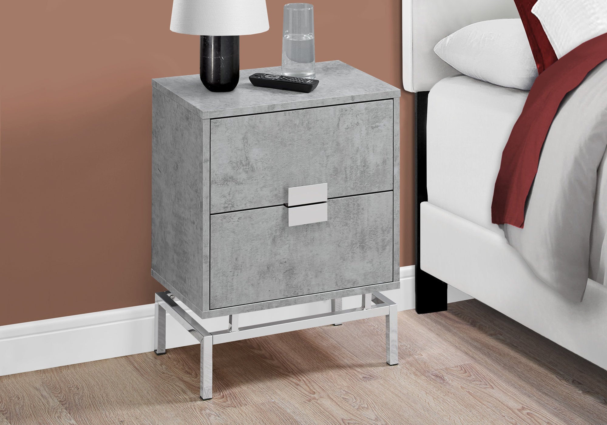 MN-943491    Accent Table, Side, End, Nightstand, Lamp, Living Room, Bedroom, Metal Legs, Laminate, Grey Cement Look, Chrome, Contemporary, Modern