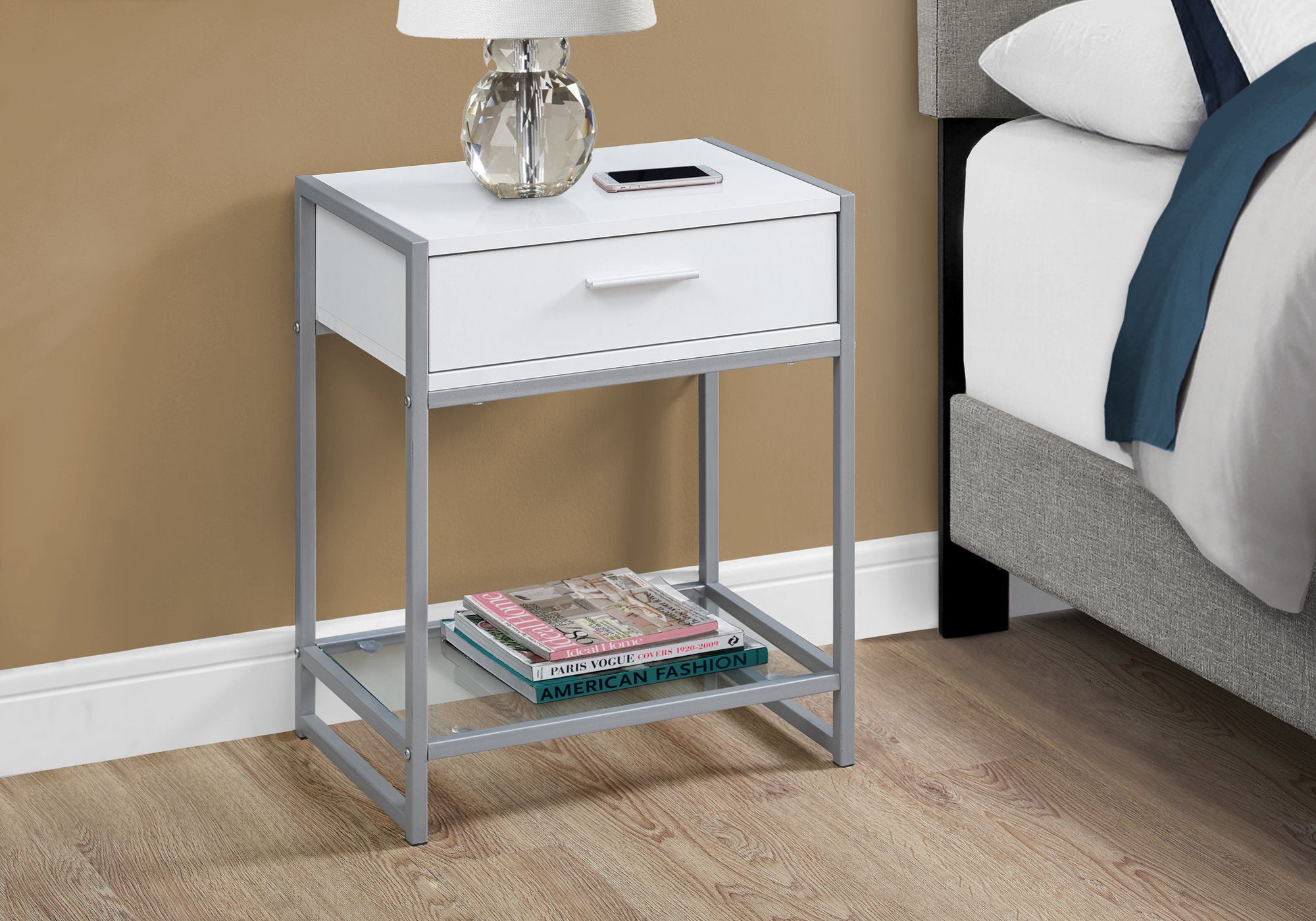MN-103503    Accent Table, Side, End, Nightstand, Lamp, Living Room, Bedroom, Metal Legs, Tempered Glass And Laminate, White, Grey, Contemporary, Modern