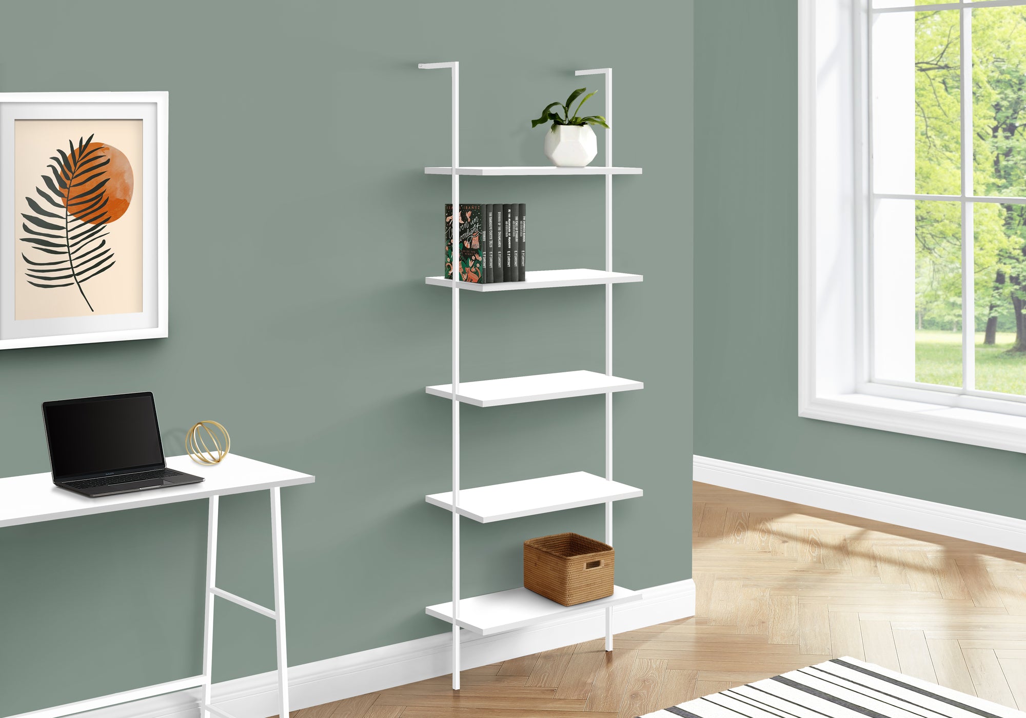 MN-313687    Bookcase - 5 Tier Etagere Ladder Bookshelf - Metal Frame - 72"H - White