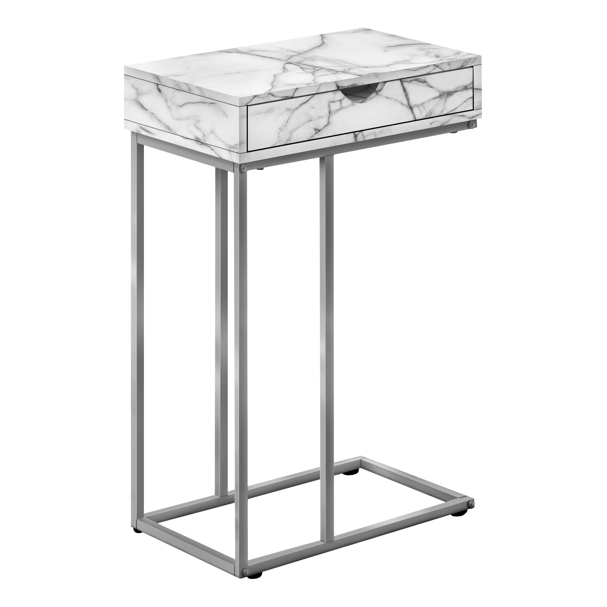 MN-493772    Side Table / C Table - 1 Storage Drawer, Pass-Through / Rectangular - 25"H - White Marble-Look  / Silver