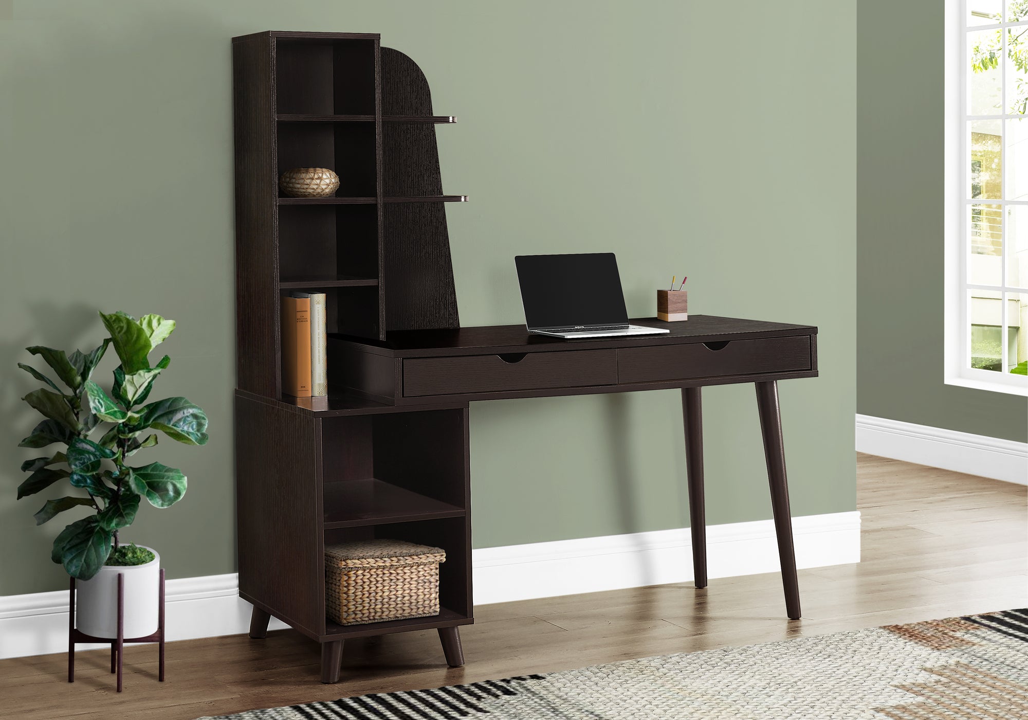 MN-987096    Computer Desk, Home Office, Laptop, Storage Drawers, 55"L, Laminate, Solid Wood Legs, Dark Brown, Contemporary, Modern