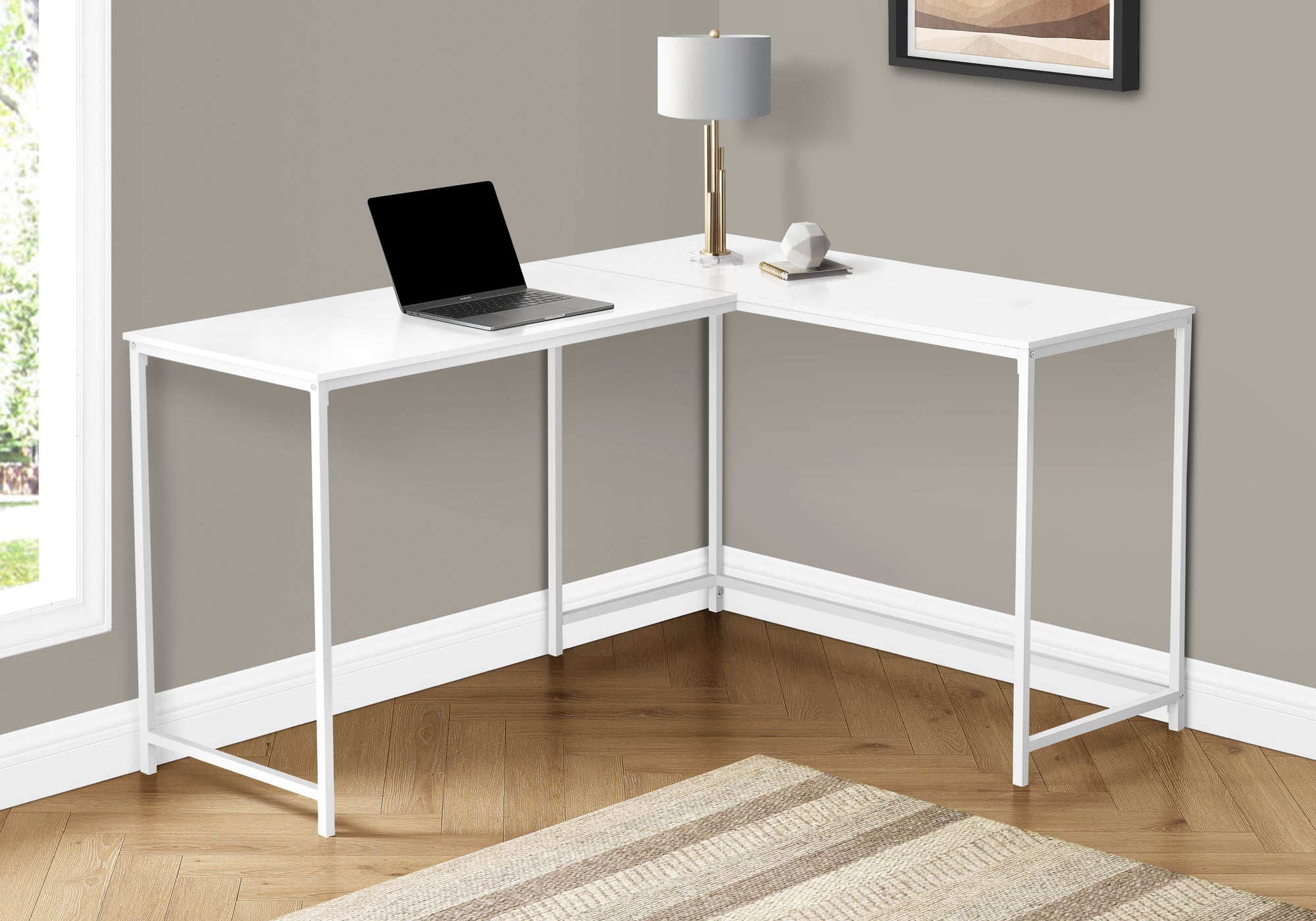 MN-117395    Computer Desk, Home Office, Corner, 58"L, L Shape, Work, Laptop, White Laminate, White Metal, Contemporary, Modern