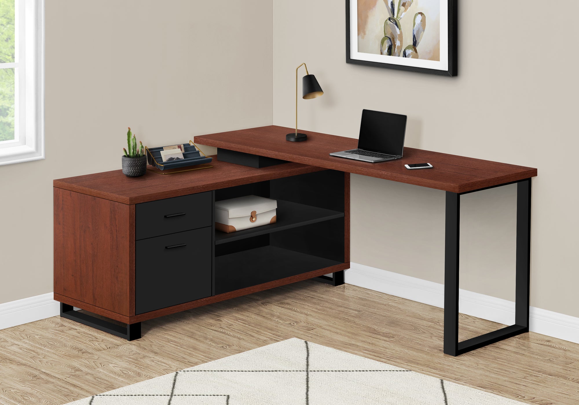MN-907713    Computer Desk - L-Shaped / Corner / 2 Drawers / Metal Legs / Reversible - 72"L X 60"W - Cherry / Black