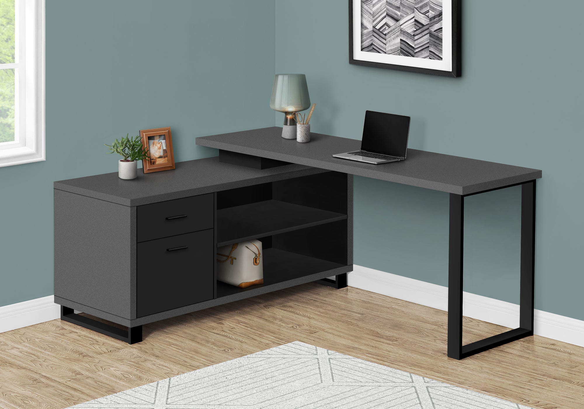 MN-927715    Computer Desk - L-Shaped / Corner / 2 Drawers / Metal Legs / Reversible - 72"L X 60"W - Modern Grey / Black