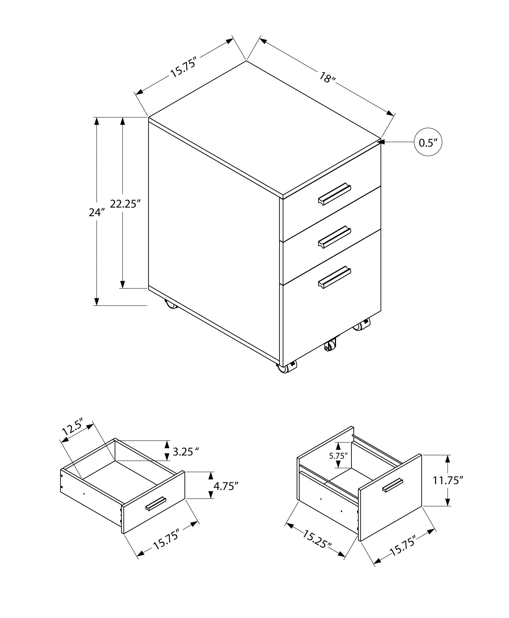 MN-297781    Filing Cabinet - 3 Storage Drawers / 2 Locking Casters - 24"H - Black