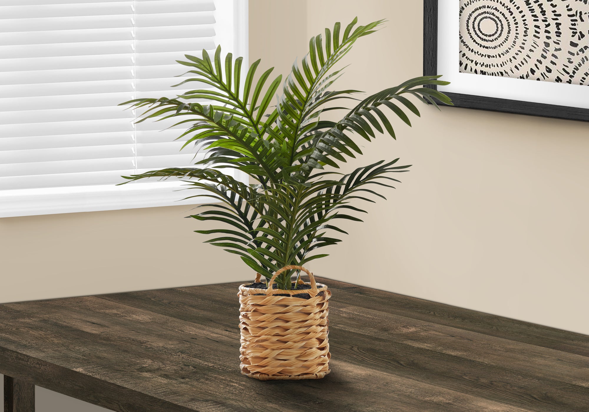 MN-249503    Artificial Plant, 24" Tall, Palm, Indoor, Faux, Fake, Table, Floor, Greenery, Potted, Real Touch, Decorative, Green Leaves, Beige Woven Basket