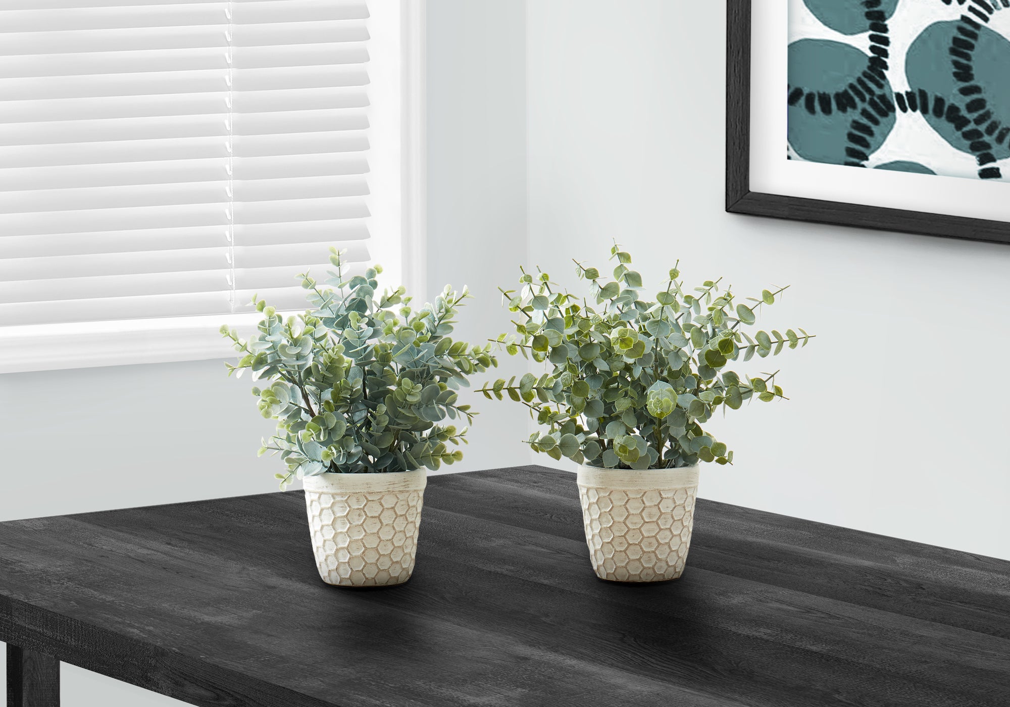 MN-719581    Artificial Plant, 13" Tall, Eucalyptus Grass, Indoor, Faux, Fake, Table, Greenery, Potted, Set Of 2, Decorative, Green Leaves, White Pots