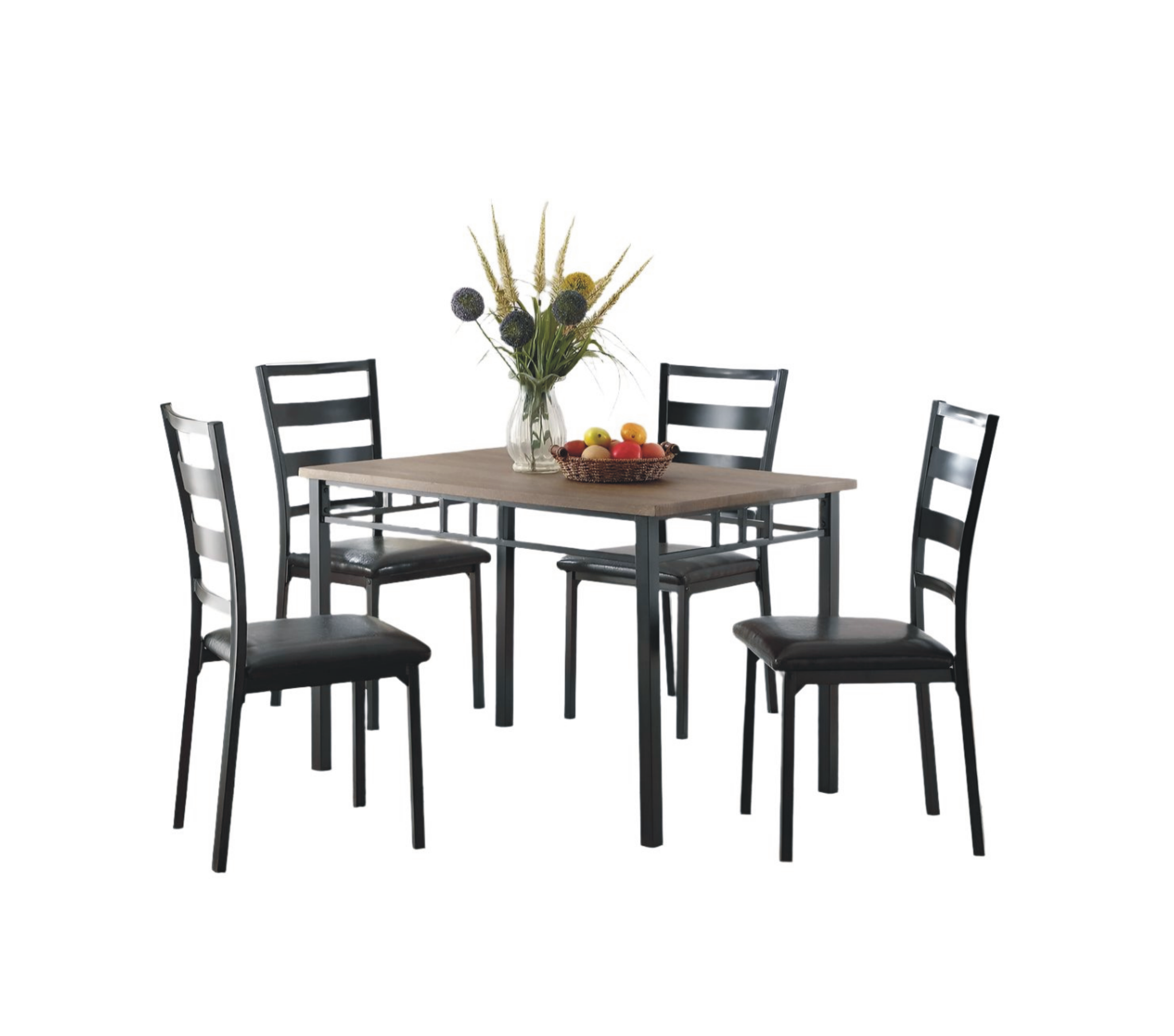 IF-1057 Dining Set, Table + 4 Chairs, 46" Brown Reclaimed Table Top, Upholstered Seats, Black Metal Frame