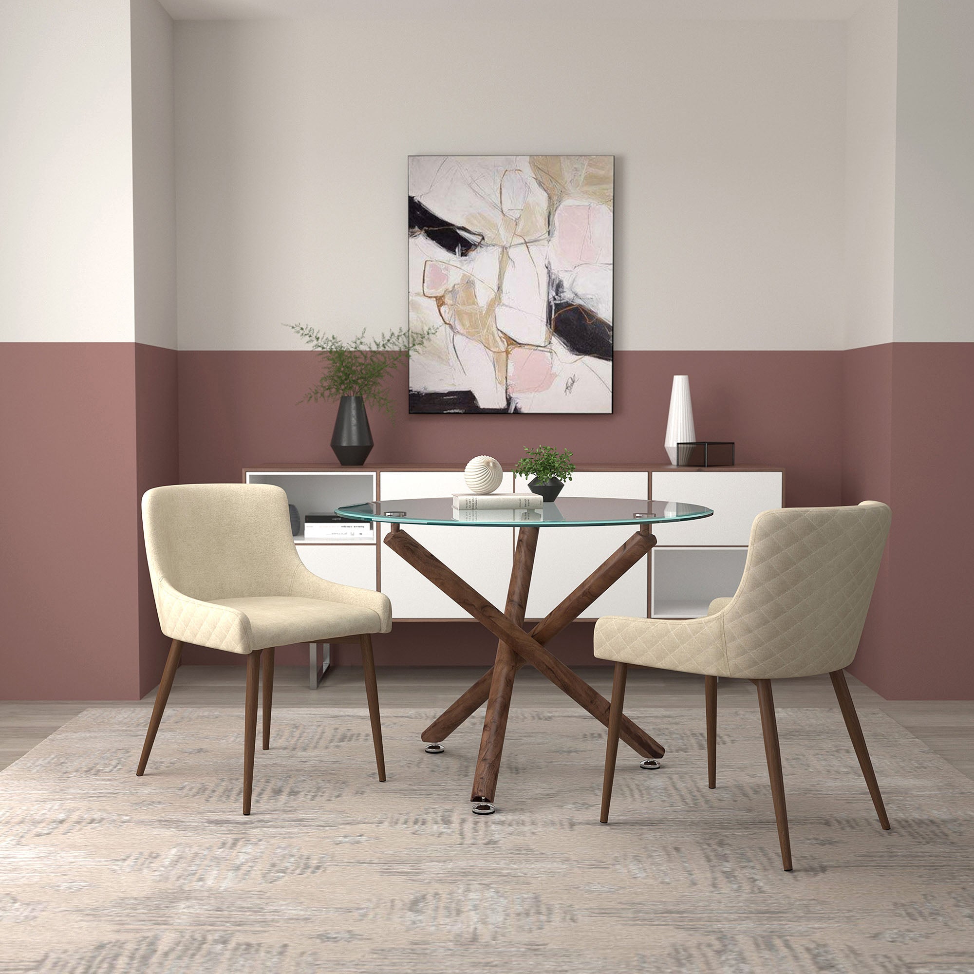 ROCCA, DINING TABLE, WALNUT BASE, 40" DIAMETER, CLEAR GLASS TOP