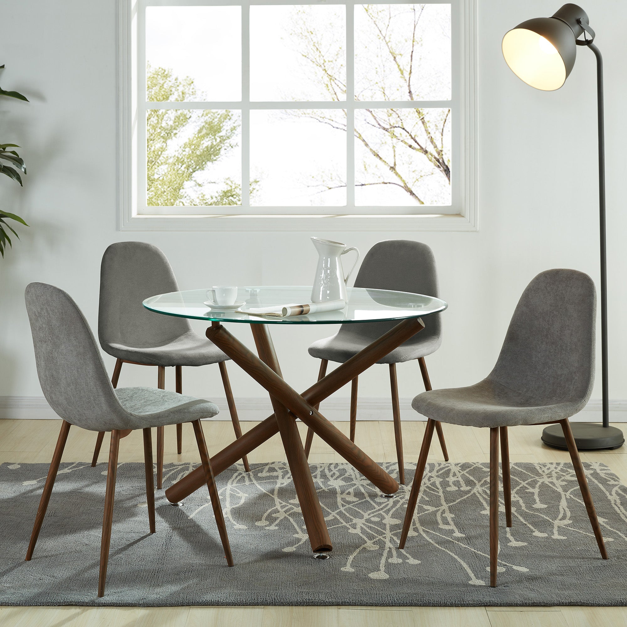 ROCCA, DINING TABLE, WALNUT BASE, 40" DIAMETER, CLEAR GLASS TOP