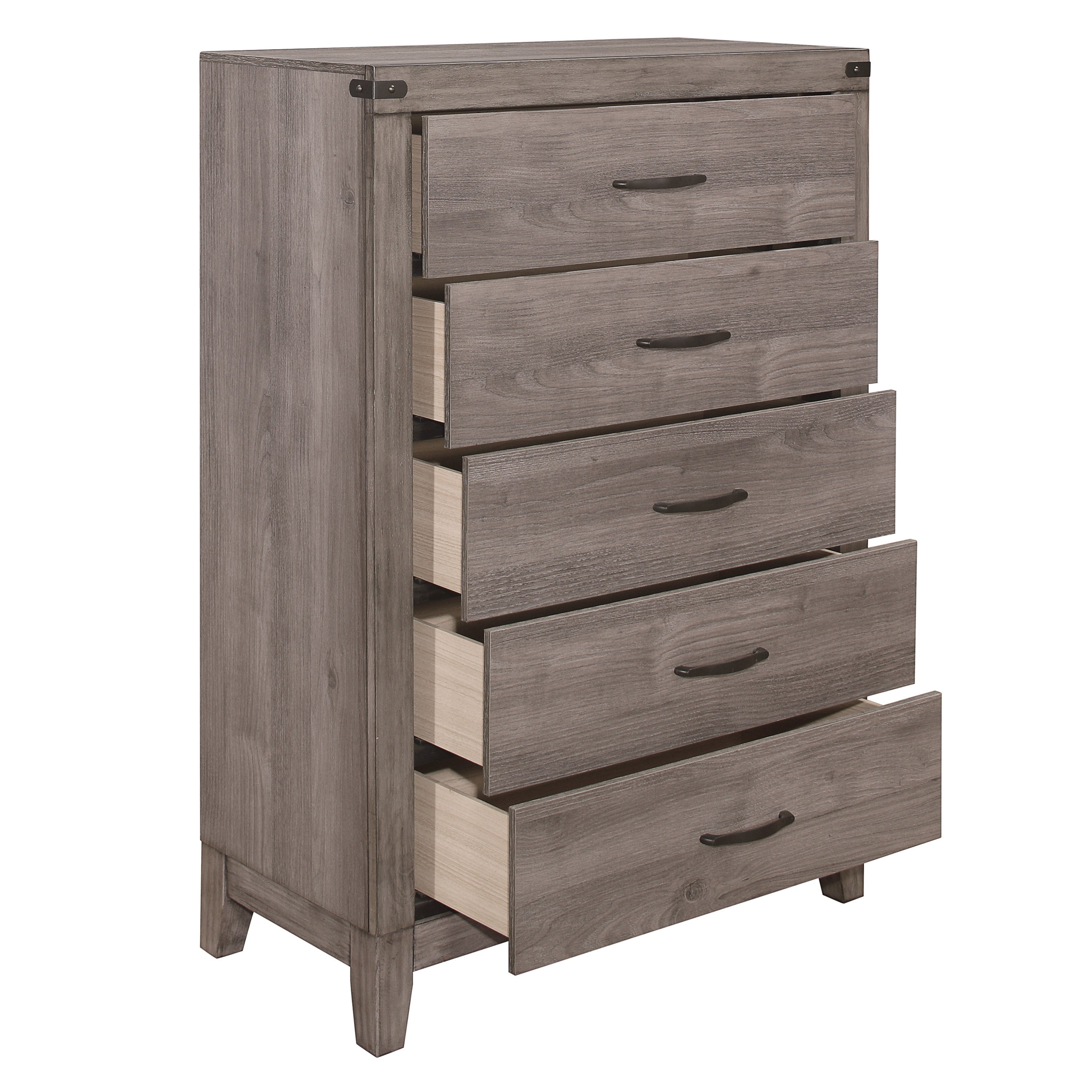 MZ-FREMONT Chest, 5 Drawer, Grey Finish, Black Handles