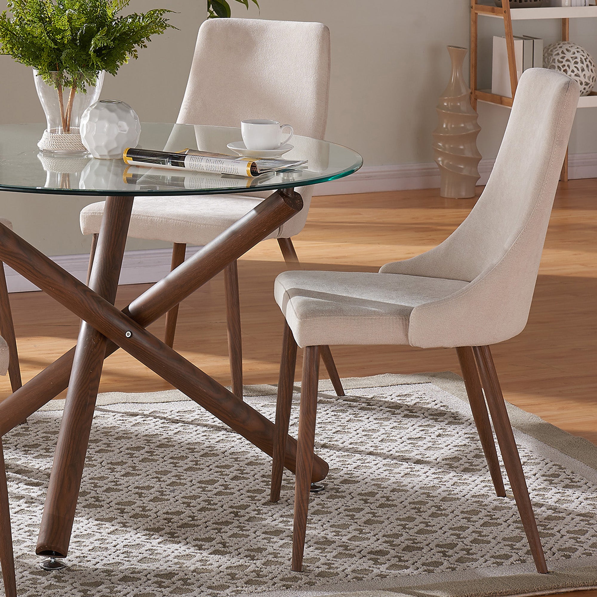 Rocca and Cora 5pc Dining Set, 40" Glass Top, Walnut Base, Table and Beige Chairs