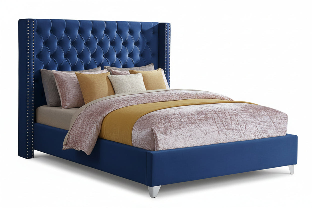 TUS-2380 Bed, Blue, Velvet, Button Tufted Headboard, Chrome Feet, Nailhead Accents
