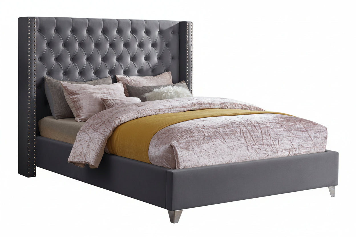 TUS-2380 Bed, Grey, Velvet, Button Tufted Headboard, Chrome Feet, Nailhead Accents