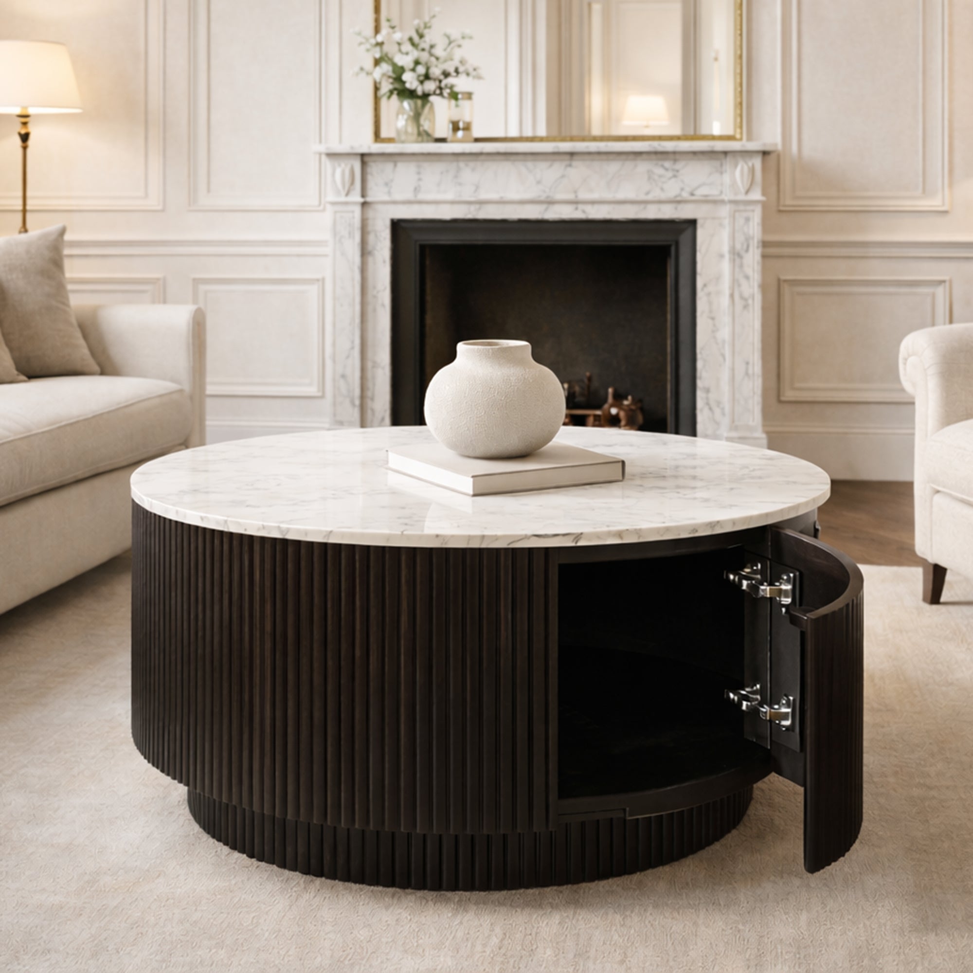 Reyna Round Coffee Table with Storage in Black and White, 31" Diameter