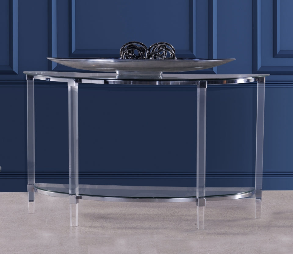 MZ-3656-05 Console Table, Half Moon Shape, Transparent Acrylic Frame, Modern Design, Glass Top