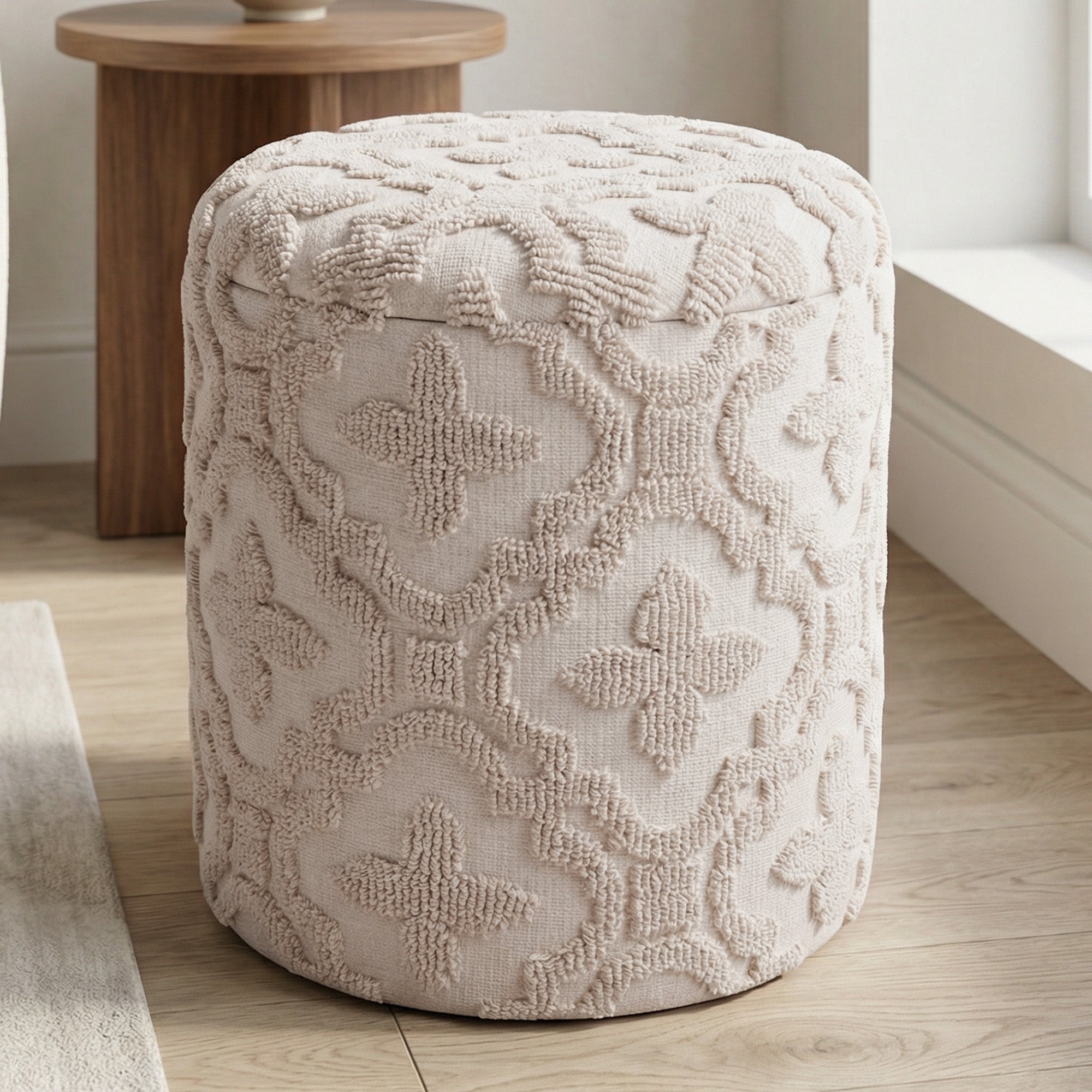 MAGNOLIA-ROUND STORAGE OTTOMAN-IVORY