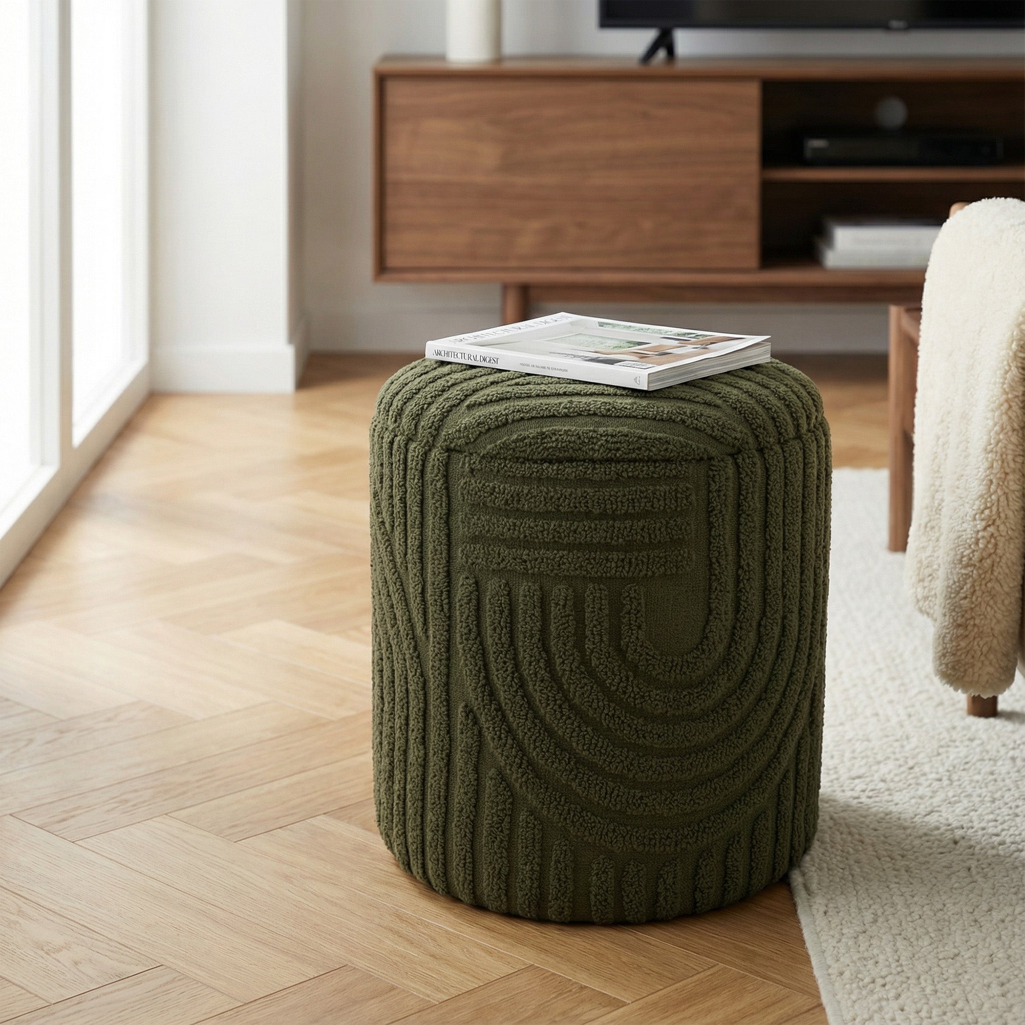 LULLU-ROUND STORAGE OTTOMAN-OLIVE GREEN