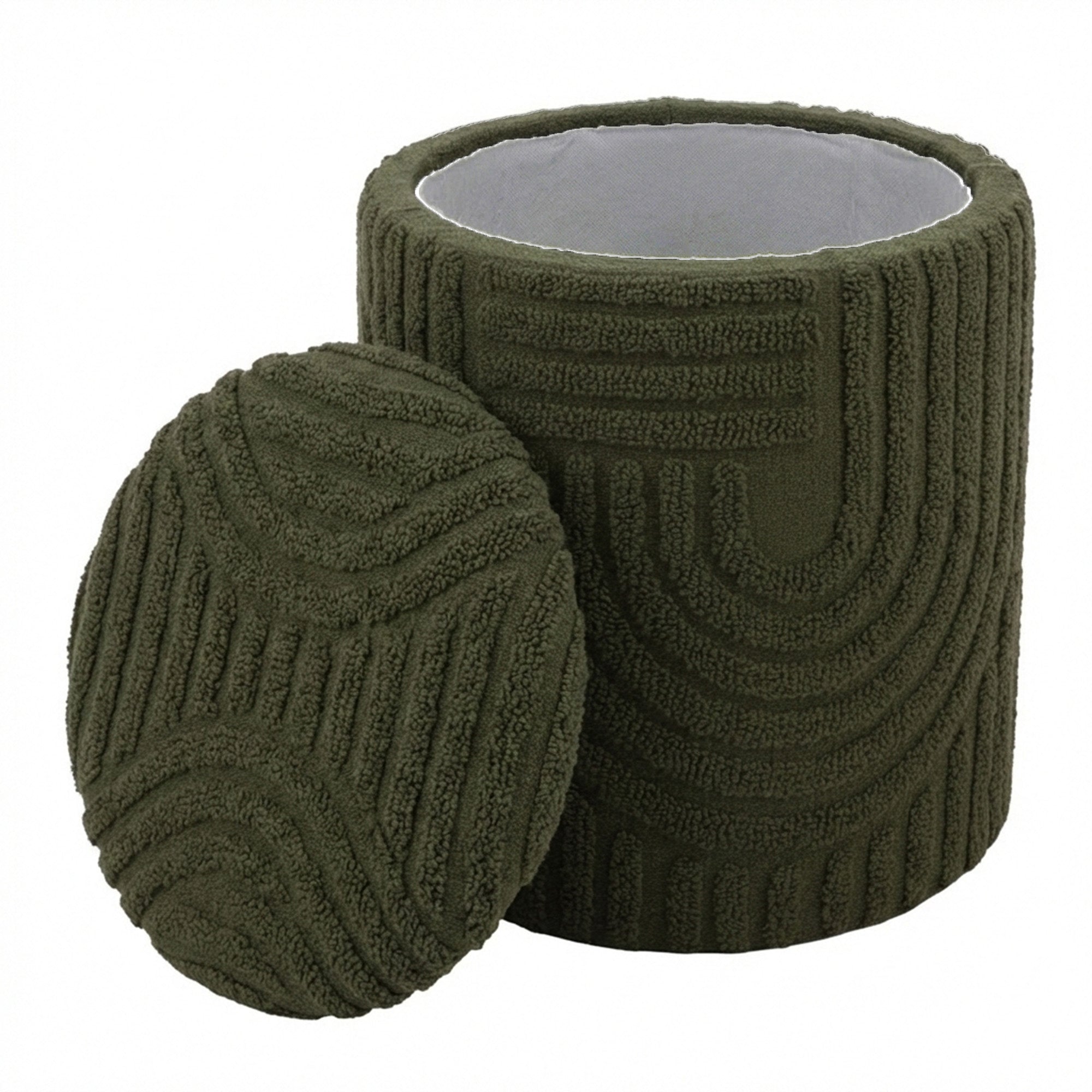 LULLU-ROUND STORAGE OTTOMAN-OLIVE GREEN