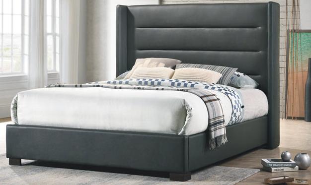 IF-5242 Bed, Dark Grey, Faux Leather, Horizontal Tufted Panels