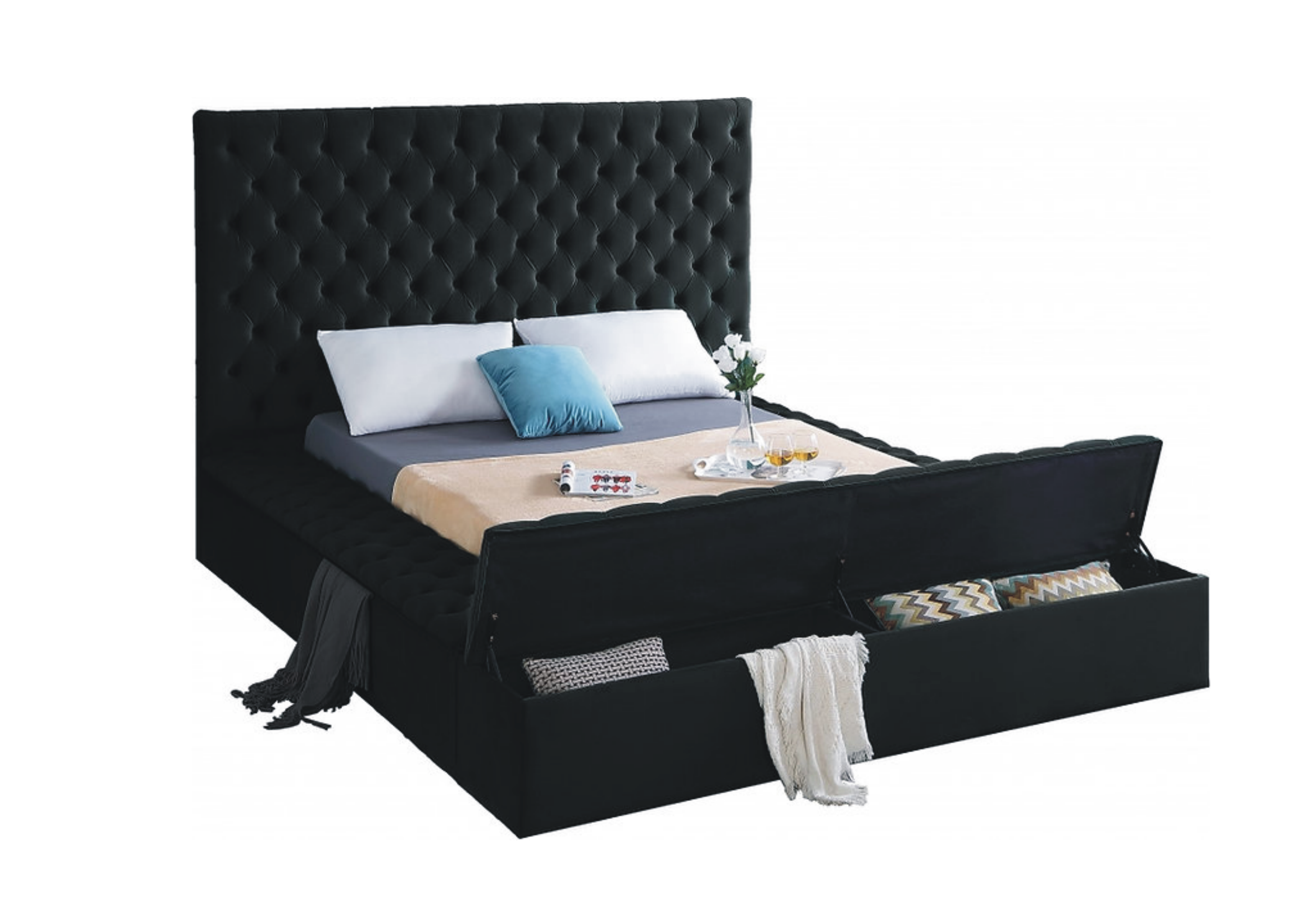 IF-5793 Bed, Black, Velvet Fabric, 3 Storage Benches