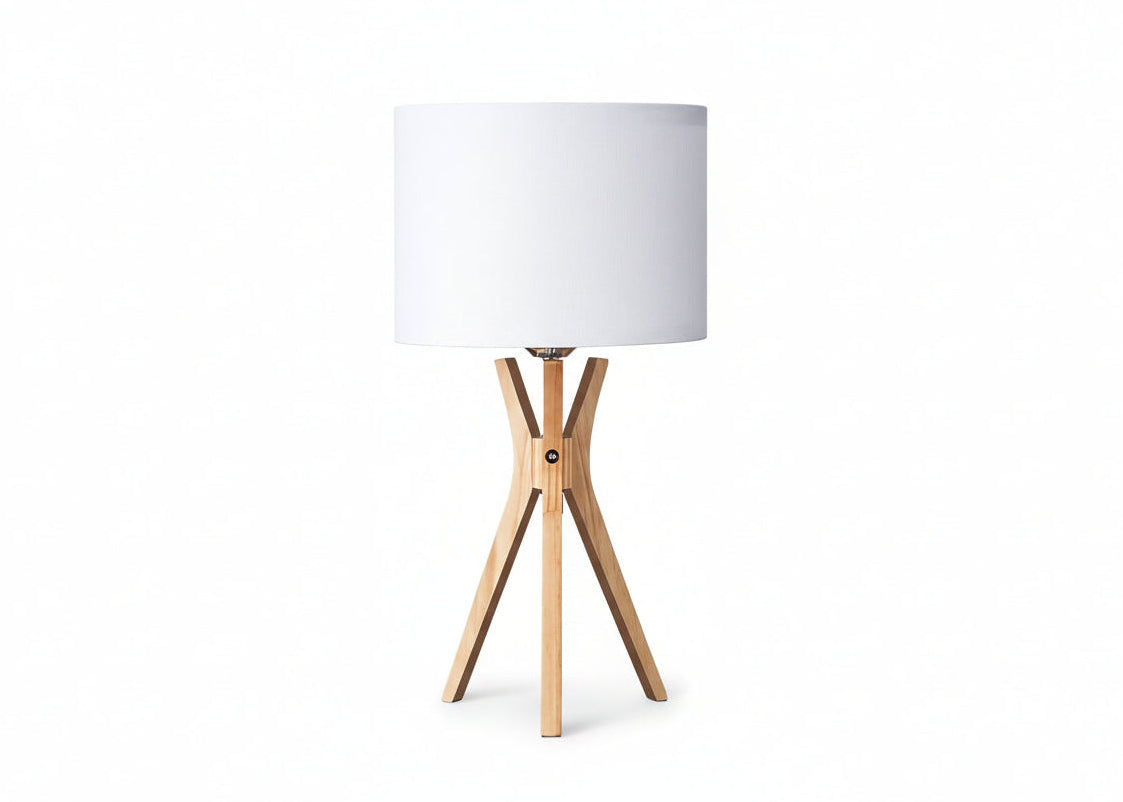 JL 0404 Modern Tripod Lamp, Natural Wood Legs, White Lampshade