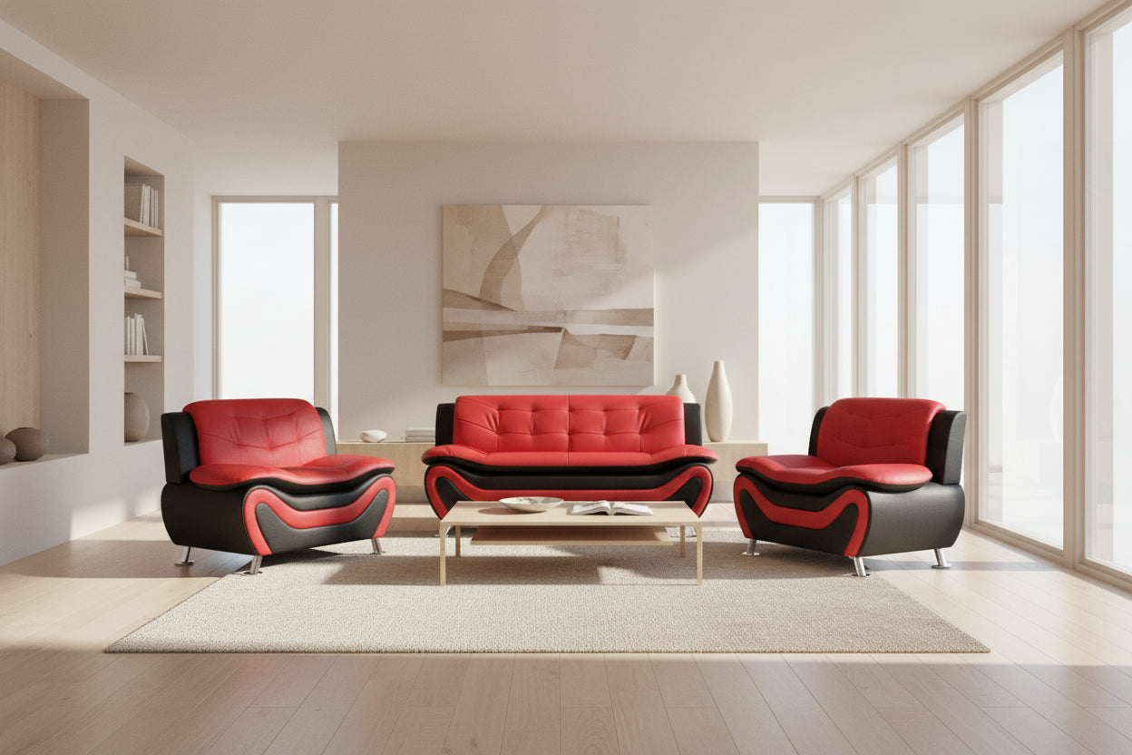 BOL "AUCKLAND" Sofa Set, 3Pc,  Red+ Black, Faux Leather, Chrome Legs