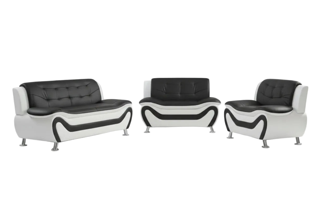 BOL "AUCKLAND" Sofa Set, 3Pc, Black + White, Faux Leather, Chrome Legs