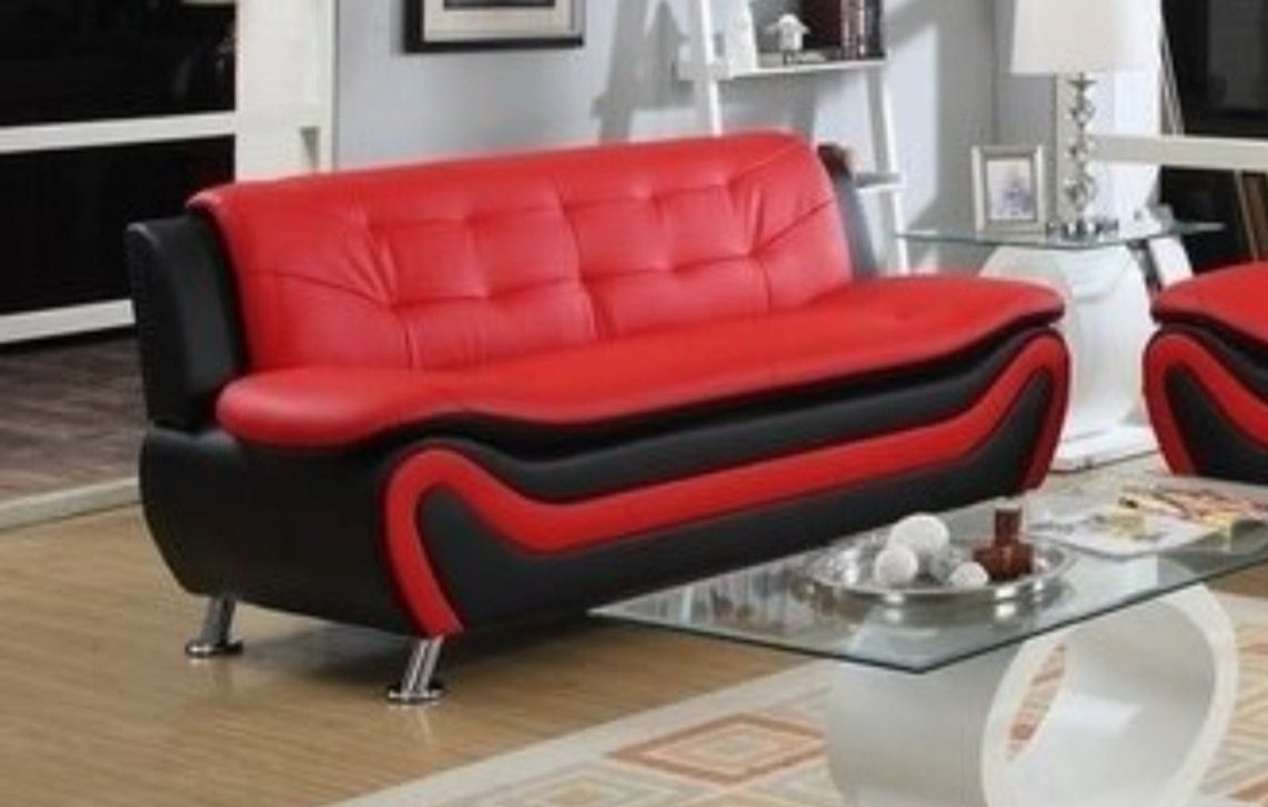 "AUCKLAND" Red+ Black, Sofa, Love Seat or Chair, Faux Leather, Chrome Legs