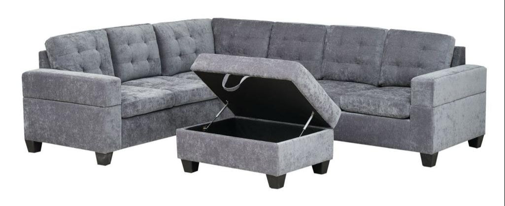 "EMERSON" Sectional Sofa, 106" Wide, Grey Fabric, Storage Ottoman, Reversible