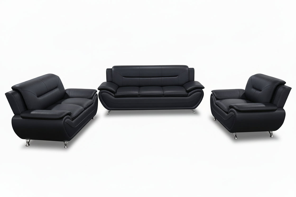 BOL "FELIX Black" Sofa Set, 3Pc, Faux Leather, Chrome Legs